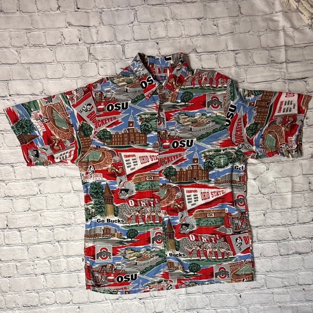 Reyn Spooner Ohio State Buckeyes Shirt Large OSU NCAA Allover Print Camp Button